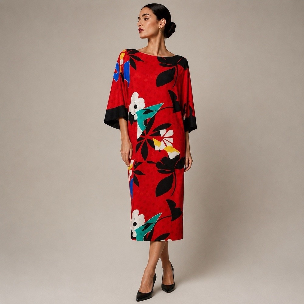 Vintage 80s JSJ Kaftan Maxi Dress USA Abstract Floral Batwing Red Size 4